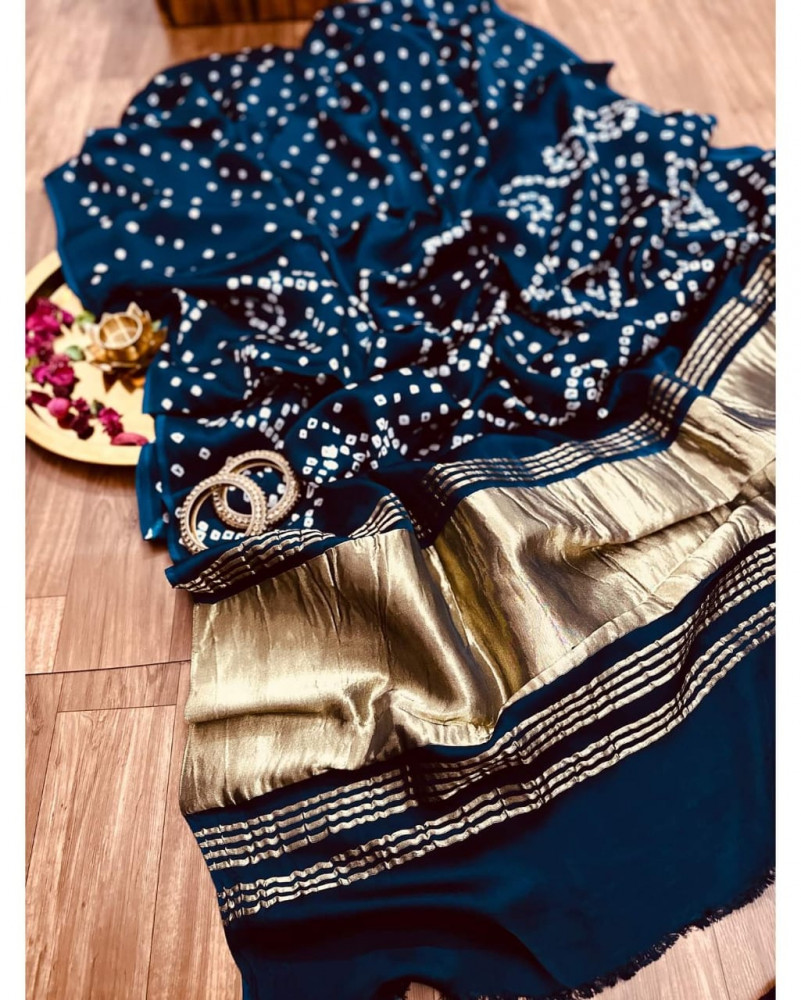 Original Gaji Silk Bandhani Saree with Gota Patti & Hand Work, G - Image 2