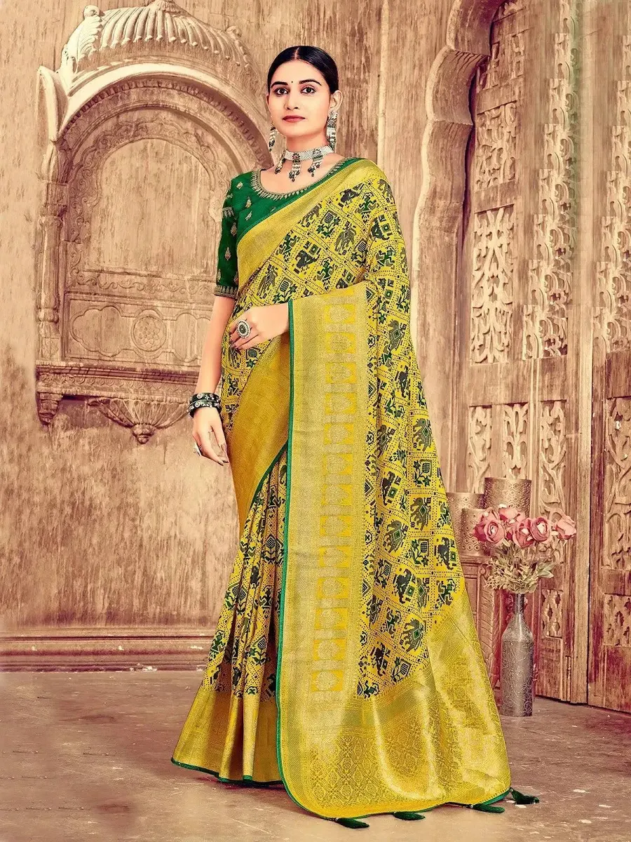 Yellow Patola Saree with Embroidered Work Silk for Weddings & Festivals